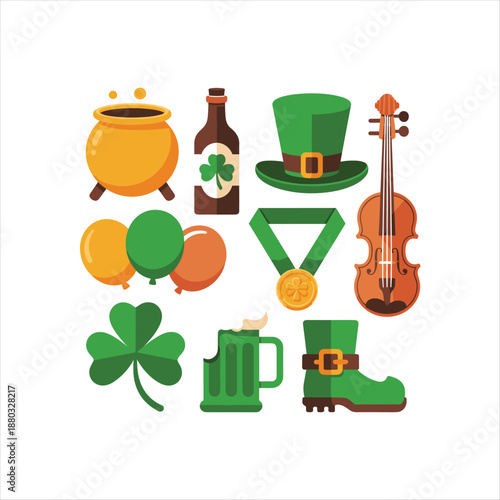 St Patrick’s Day Icons Set, Irish Culture Symbols Collection with Leprechaun Hat, Shamrock, Beer and Violin