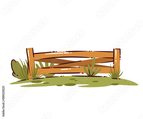 Wooden farm fence with grass and plants, rustic countryside element, rural landscape detail, traditional wooden barrier, nature scene accent, hand drawn style, vector illustration.