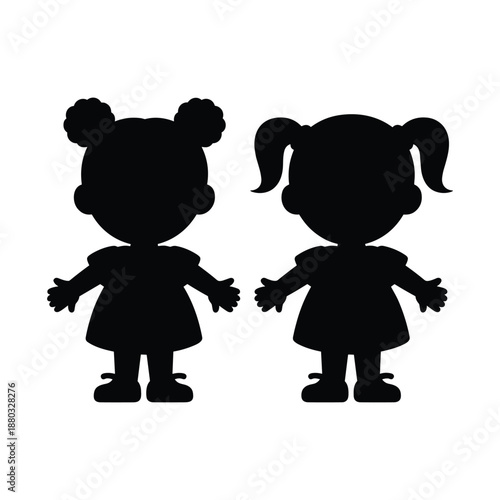 Two Little Girls Silhouette Icon Isolated on White Background