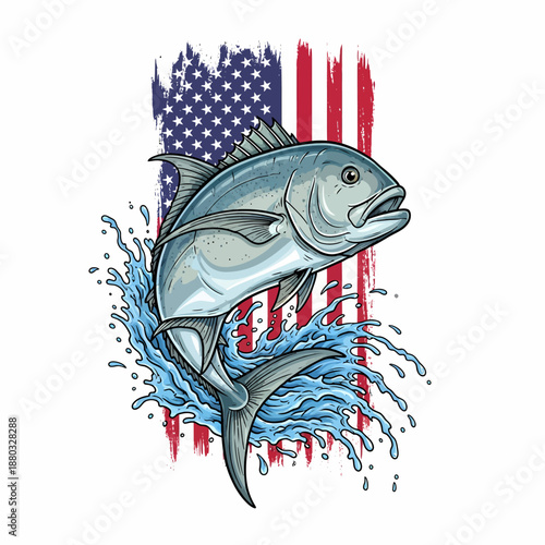 Giant Trevally fish jumping with USA flag background and water splash