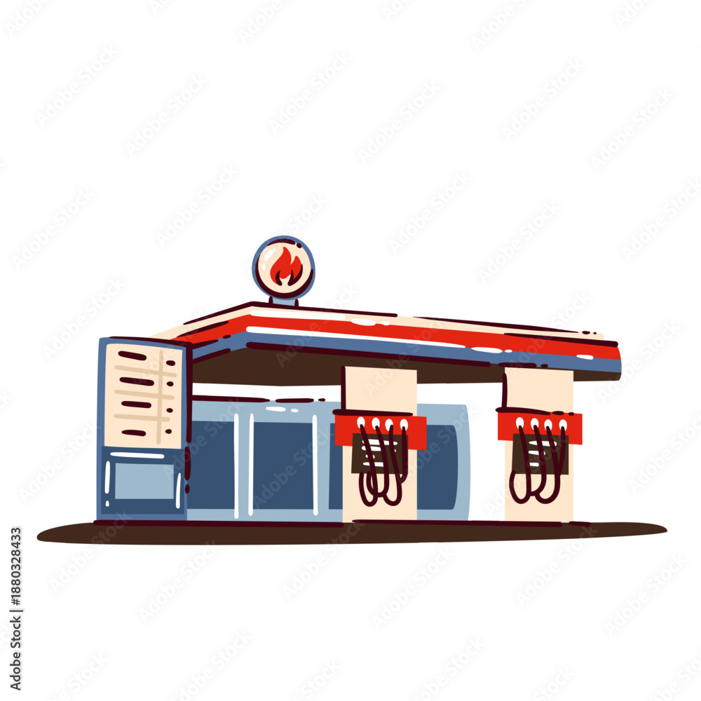 Fototapeta premium Roadside gas station building with classic American fuel pumps, canopy roof, service station architecture, highway travel symbol, urban roadside infrastructure, cartoon vector illustration