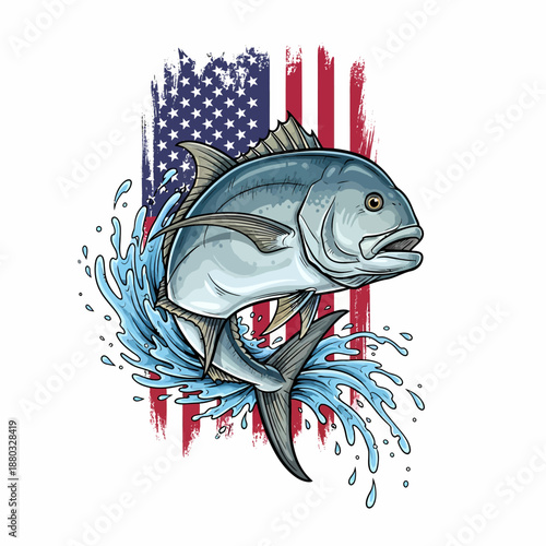 Giant Trevally fish jumping with USA flag background and water splash