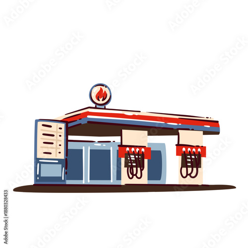 Roadside gas station building with classic American fuel pumps, canopy roof, service station architecture, highway travel symbol, urban roadside infrastructure, cartoon vector illustration