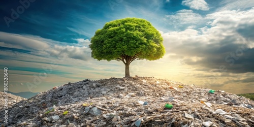 A lone green tree standing proudly on a mountain of shredded paper waste