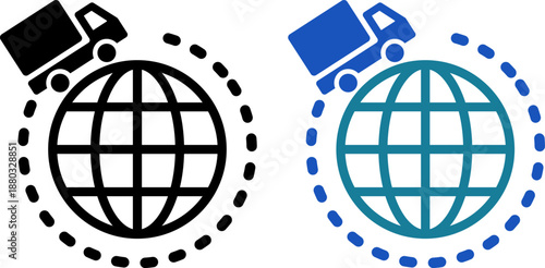 世界配送を表すトラックと地球のシンプルな物流アイコン（Global delivery truck and globe icon）
