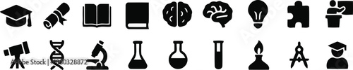 Science and Education Icon Collection: A comprehensive assembly of vector icons representing various facets of science and education, perfect for educational resources, scientific publications.