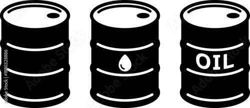 石油ドラム缶のシンプルな白黒アイコンセット（Black and White Oil Barrel Drum Icons Set）
