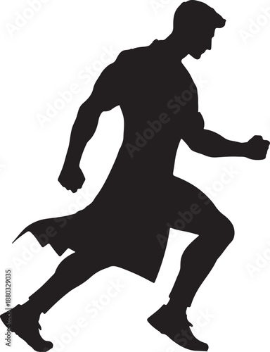 A striking black silhouette icon of a man resembling a doctor in a long coat, in a powerful running or lunging pose.