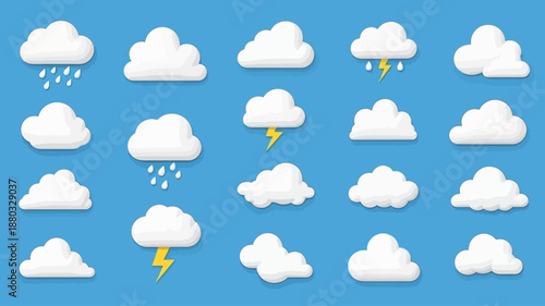Collection of various weather clouds with rain and lightning on a blue background