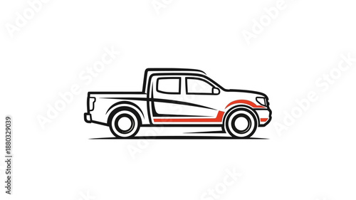 a white pickup truck with red and black stripes