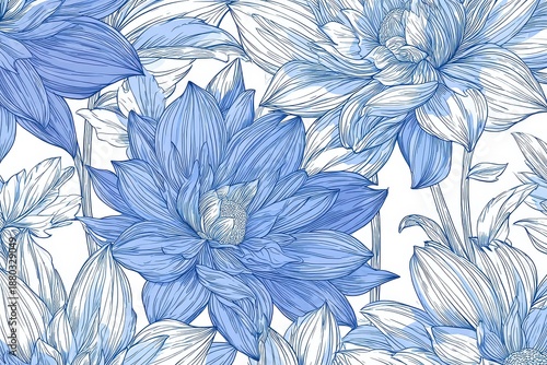 Floral Seamless Pattern with Blue and White Flowers and Leaves on a White Background