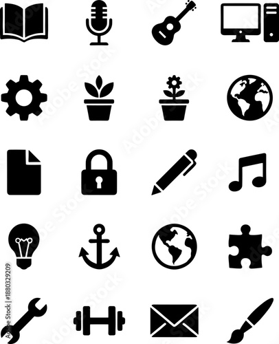 Black icon set of 20 creative and tech symbols including guitar, paintbrush, dumbbell, globe, puzzle, flower pot, anchor
