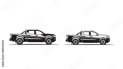 side view of two pickup trucks in black and white