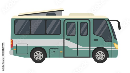 a green and white bus with a yellow stripe on the side