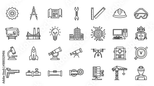 collection of various engineering and technology related icons and symbols