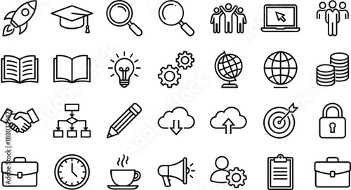 Business and education icon set with 30 black line symbols for startup, learning, communication, and global design content