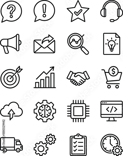 Business and tech icon set with 20 black line symbols for communication, analytics, cloud, and productivity design content.