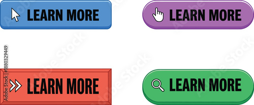 "Learn More" button icon set with 4 colorful styles for UI interaction and website design content.