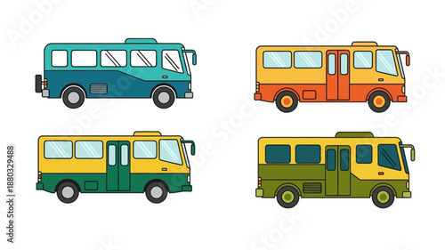 Four colorful cartoon buses side view illustration