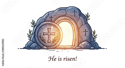 Vibrant illustration of the empty tomb with a radiant light, symbolizing the resurrection, new life, and spiritual hope for Easter celebrations