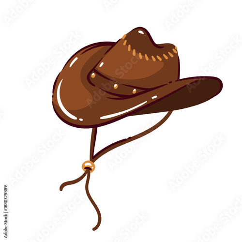 Cowboy hat in classic western style, leather cowboy headwear with chin strap, American ranch culture symbol, wild west fashion detail, travel to USA theme, cartoon vector illustration