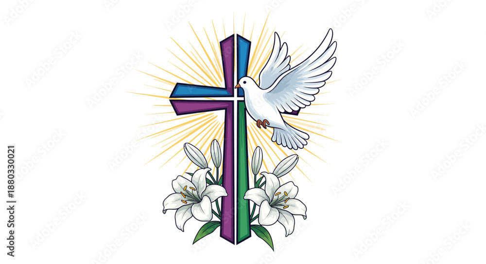 Obraz premium Vibrant spiritual illustration depicting a glowing cross adorned with white lilies and a peaceful dove in flight, symbolizing hope, purity, and renewal