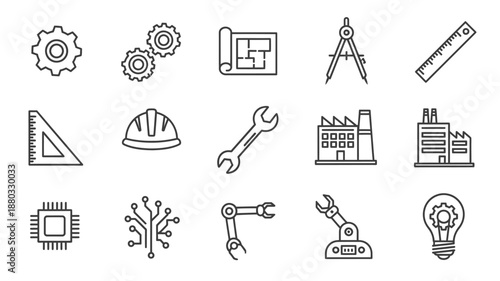 collection of engineering and technology icons on white background
