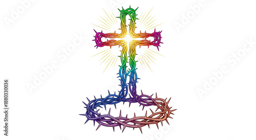 Radiant rainbow cross entwined with vivid thorny crown, symbolizing divine love, hope, and inclusive spirituality for all
