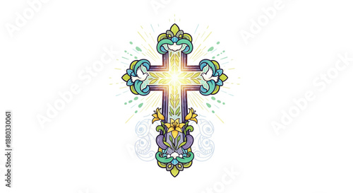 Vibrantly Illustrated Christian Cross with Glowing Light and Ornate Baroque Details, Symbolizing Faith and Divine Radiance in a Spiritual Design