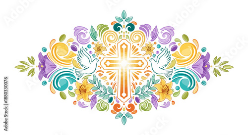 Luminous watercolor Christian cross design adorned with graceful doves and colorful floral motifs, symbolizing divine peace, spiritual hope, and renewal for sacred festivities