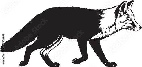 Black and White Fox Walking Silhouette Illustration