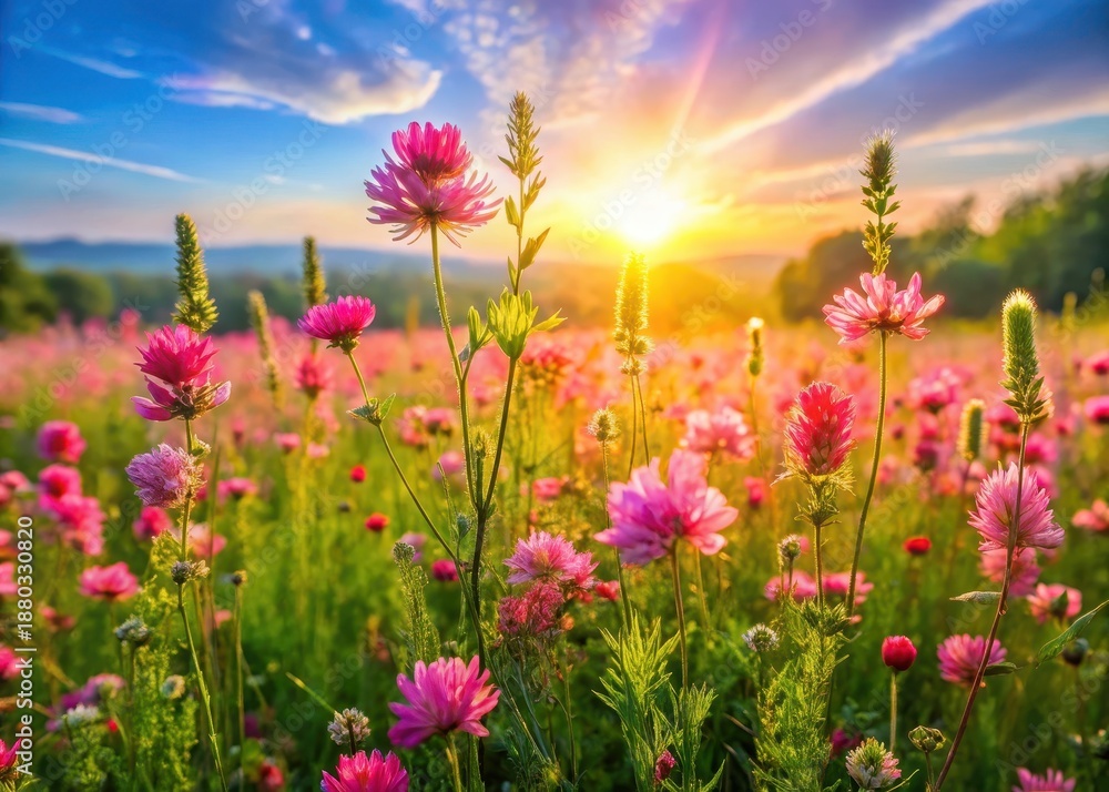 Fototapeta premium Vibrant pink flowers bloom in a lush meadow filled with tall grasses and wildflowers