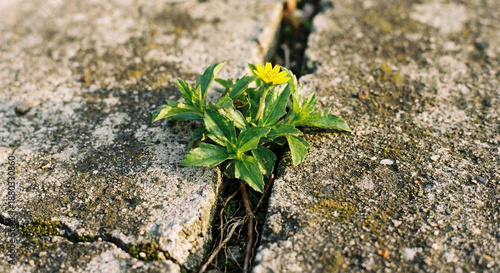 A close-up photo of a vibrant plant flowering in a concrete crack. A powerful visual metaphor for resilience, hope, and thriving in harsh environments against all odds.