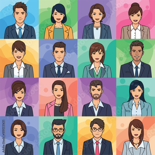 Diverse business people in a grid colorful professional portraits
