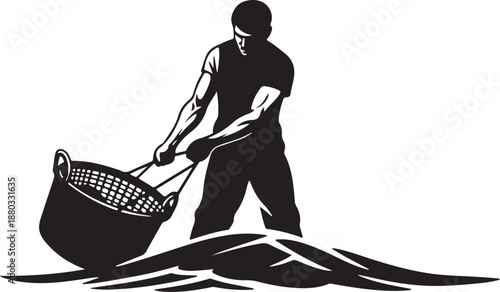 Man carrying a large fishing net on the beach