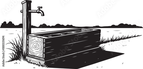 Vintage wooden water trough in a rural landscape setting