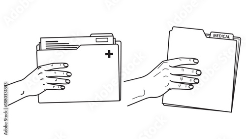 Hands exchanging medical records or first aid kit, vector line illustration of handover, patient education and clinical documentation transfer
