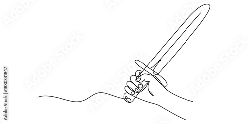 Continuous line drawing of a hand holding a sword illustrating strength and determination Vector, illustration