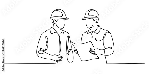 Continuous line art drawing of two construction workers discussing project plans Vector, illustration