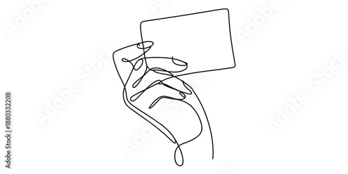Continuous line art illustration of a hand holding a blank rectangular card Vector, illustration