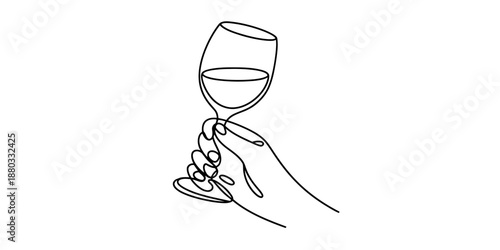 Minimalist continuous line drawing of a hand holding up a glass of wine for a toast Vector, illustration