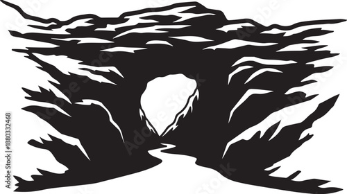 Black and White Mountain Cave Entrance Illustration Artwork Design