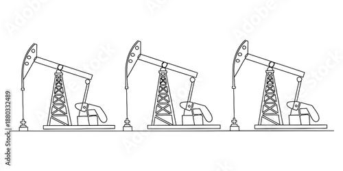 Line art illustration of three industrial oil pump jacks working together to extract resources Vector, illustration