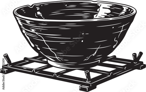 Black and white illustration of a ceramic bowl on stand
