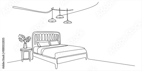 Continuous line drawing of a bedroom interior with bed, side table, and pendant lights Vector, illustration