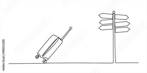 Continuous line art illustration of a suitcase and a signpost representing travel choices Vector, illustration