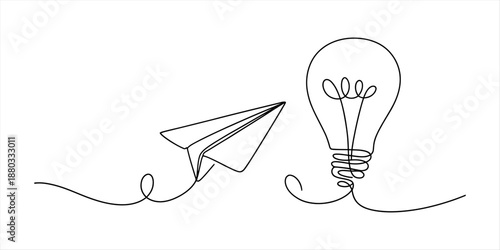 Minimalist continuous line art illustrating the journey of an idea from a paper plane to a lightbulb Vector, illustration