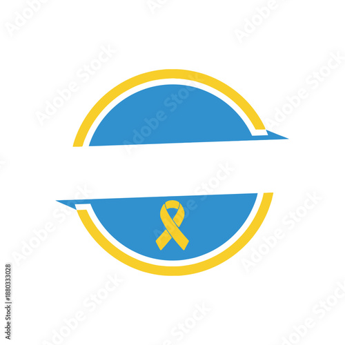 A circular blue and yellow graphic with a yellow awareness ribbon, symbolizing support for a cause.