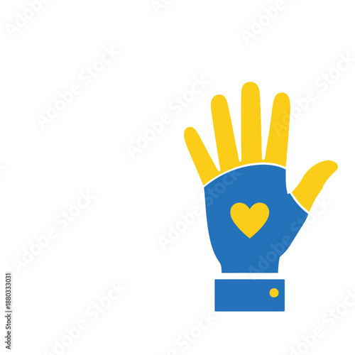 A stylized open hand with blue palm and yellow fingers, featuring a yellow heart, symbolizing support and solidarity.