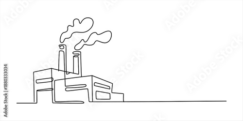 A single continuous line drawing of a factory building with smoking chimneys. Vector, illustration